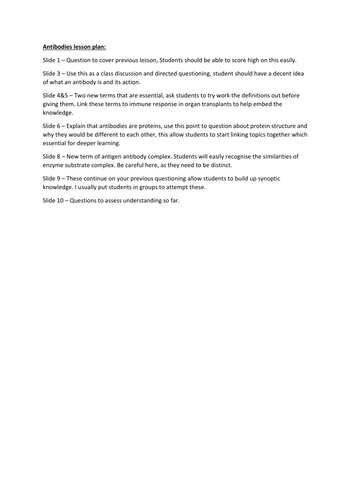 Antibodies lesson plan. A Level Biology, AQA 7401/7402