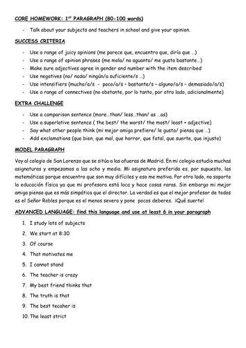 GCSE PARAGRAPH WRITING: SUBJECTS AND TEACHERS