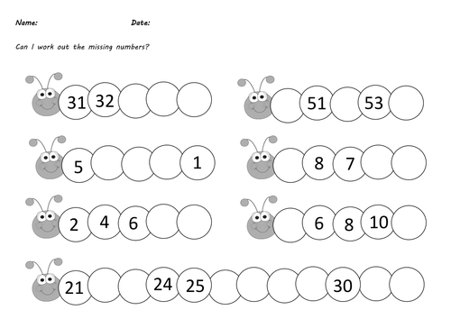 Year 1 Caterpillar Missing Numbers Differentiated Worksheets