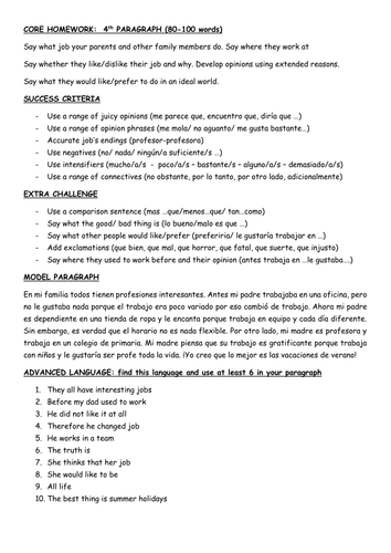 GCSE PARAGRAPH WRITING: FAMILY MEMBERS' JOBS