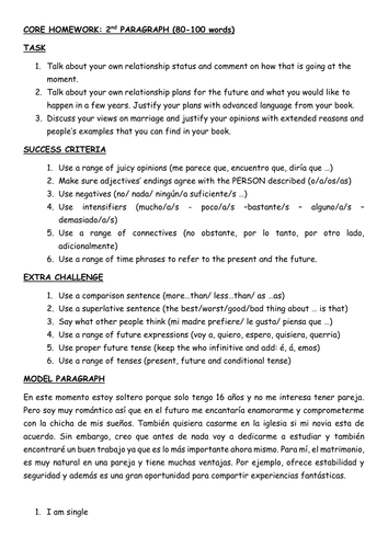 GCSE PARAGRAPH WRITING: RELATIONASHIP STATUS, PLANS AND VIEWS ON MARRIAGE