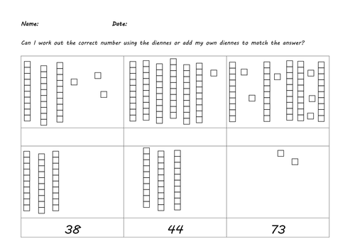 Year 1 Place Value - Identifying Numbers from Diennes Differentiated Worksheets