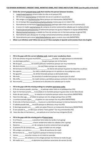 y9/y10 tenses drill : PRESENT, PAST, NEAR FUTURE AND INFINITIVES