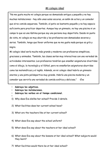 GCSE Spanish - Ideal School Reading Comprehension