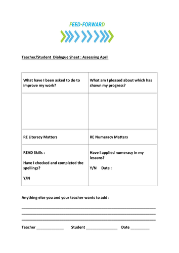 "FeedForward" Month Self / Peer Assessment sheets