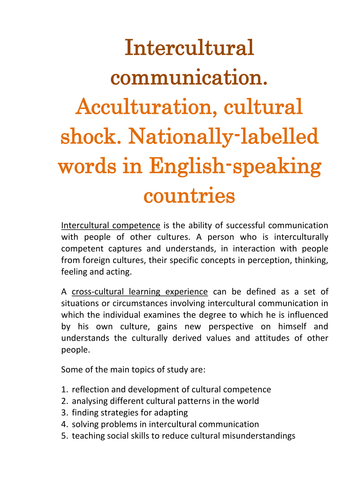 Intercultural communication. Acculturation, cultural shock.