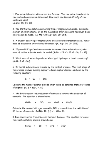 Reacting masses practice questions