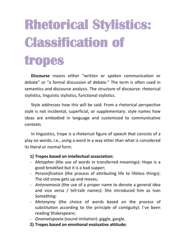 Rhetorical Stylistics Classification of tropes