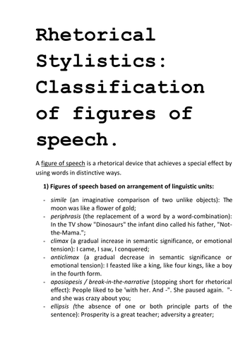 Rhetorical Stylistics Classification of figures of speech