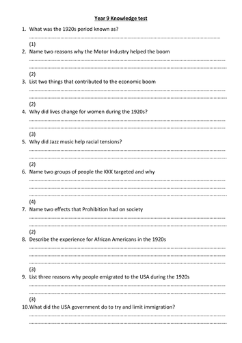 America 1920s knowledge test