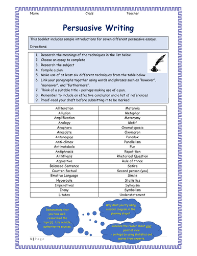 Persuasive Writing Booklet: 'Complete the Essay' Higher English