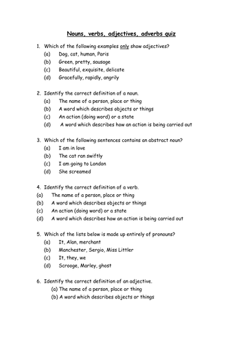 Nouns etc. multiple choice quiz and answers