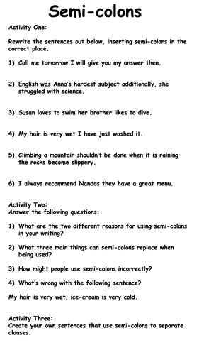 semi colons worksheets teaching resources