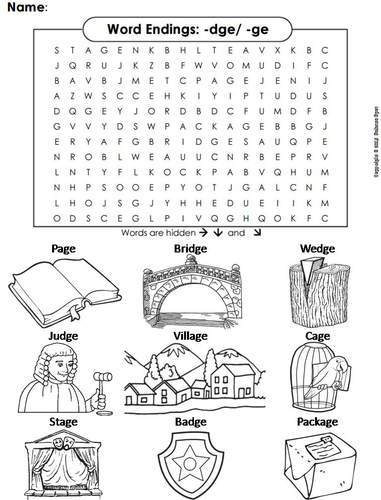 Word Endings -dge/ -ge Word Search