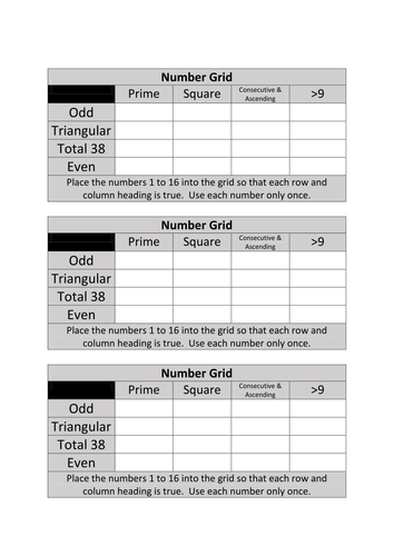 Number Grid Puzzle looking at Primes, Squares and Consecutive Numbers