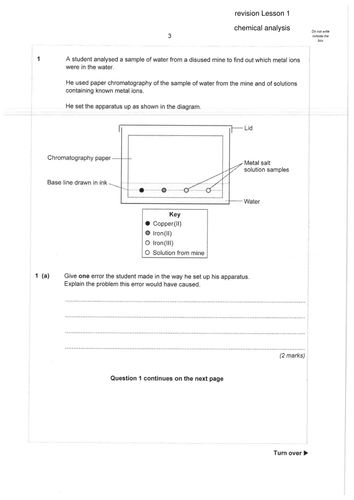 Chromatography revision lesson, PPT exam questions and worksheet on RF calculation Chemical analysis