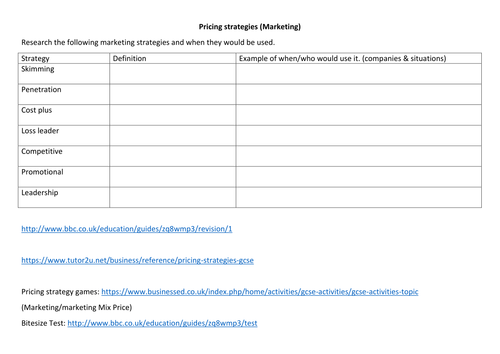 Pricing strategies research sheet