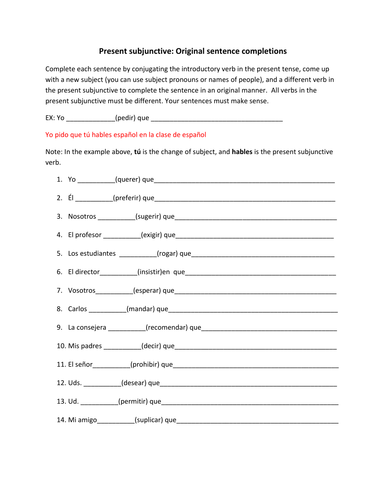 present subjunctive original sentence completion worksheet