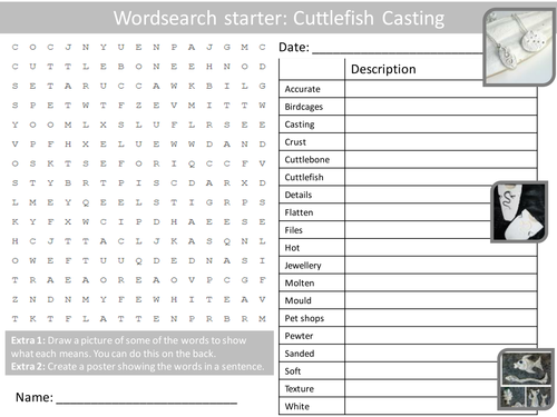 Design Technology Cuttlefish Casting Starter Activities Wordsearch, Anagrams Crossword Cover Lesson