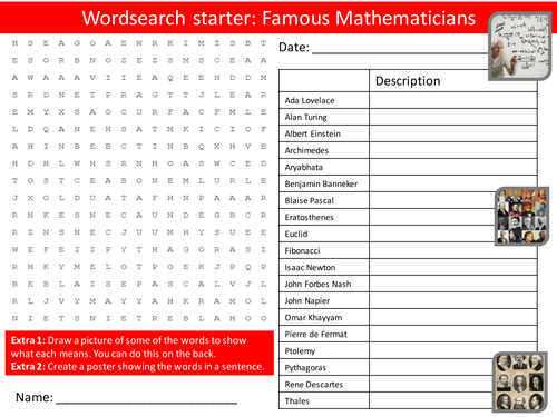Maths Famous Mathematicians KS3 Wordsearch Crossword Anagram Alphabet Keyword Starter Cover Homework