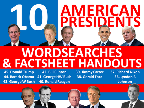 10 American Presidents Wordsearches & Factsheet Handout Wordsearch The USA United States of America