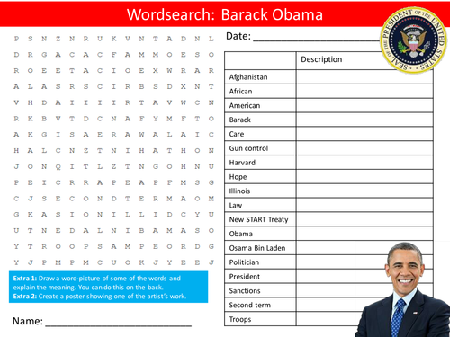 US President Barack Obama Wordsearch & Factsheet Handout The USA United States of America