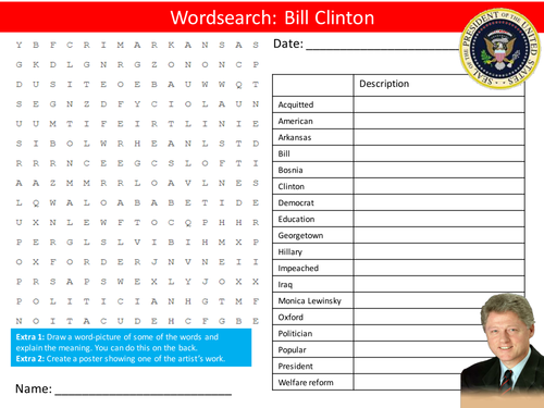 US President Bill Clinton Wordsearch & Factsheet Handout The USA United States of America