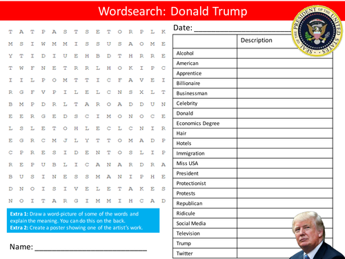 US President Donald Trump Wordsearch & Factsheet Handout The USA United States of America