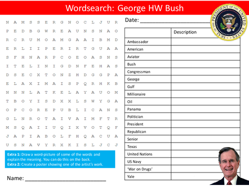 US President George HW Bush Wordsearch & Factsheet Handout The USA United States of America