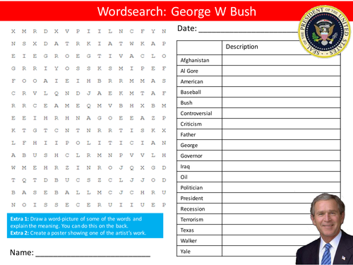 US President George W Bush Wordsearch & Factsheet Handout The USA United States of America
