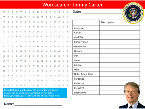 US President Jimmy Carter Wordsearch & Factsheet Handout The USA United States of America