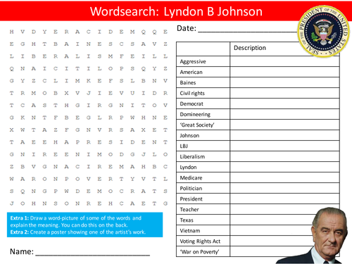 US President Lyndon B Johnson Wordsearch & Factsheet Handout The USA United States of America