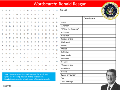 US President Ronald Reagan Wordsearch & Factsheet Handout The USA United States of America