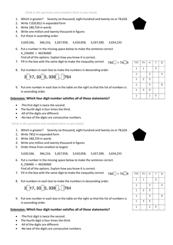 Place value of integers differentiated work sheet