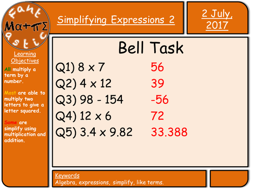 Algebraic Expressions 2nd 10QQ - Difficult