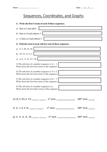 Sequences, Coordinates and Graphs Lesson + Worksheets