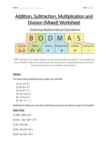Addition, Subtraction, Multiplication and Division Worksheet