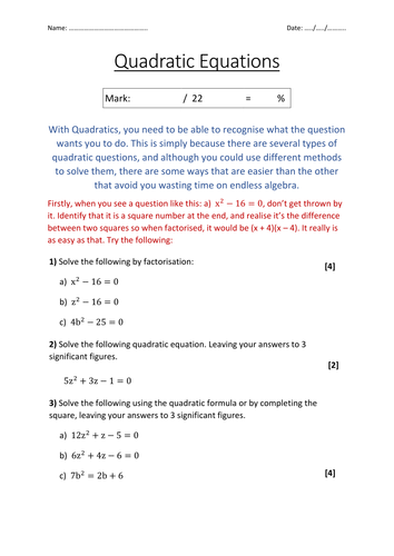 Quadratics Worksheet