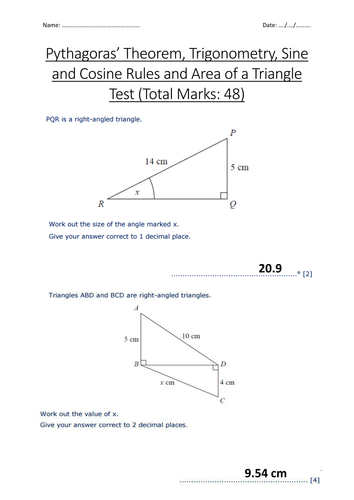Pythagoras' Theorem, Trigonometry and Area of Triangle Test