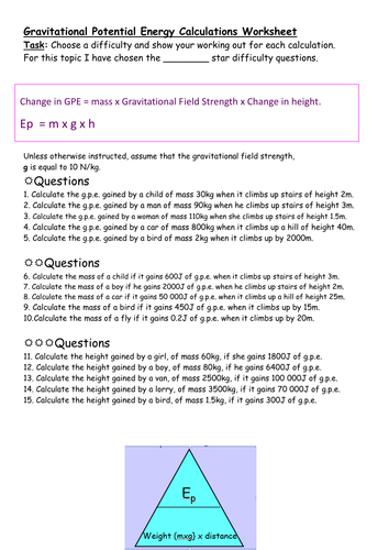 Differentiated Worksheet On Calculating Gravitational Potential Energy Teaching Resources