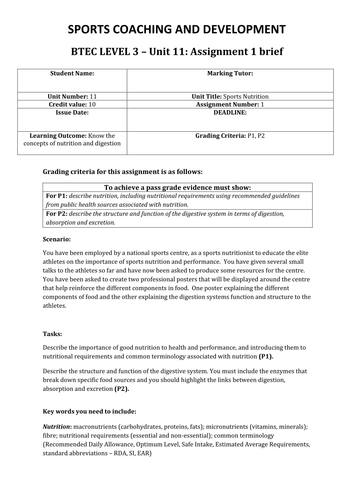 Btec unit 11 sports nutrition assignment briefs