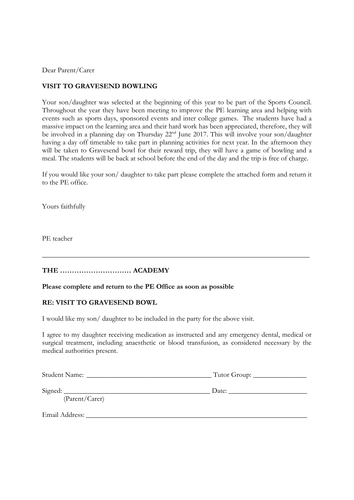 Rewards trip letter to bowling