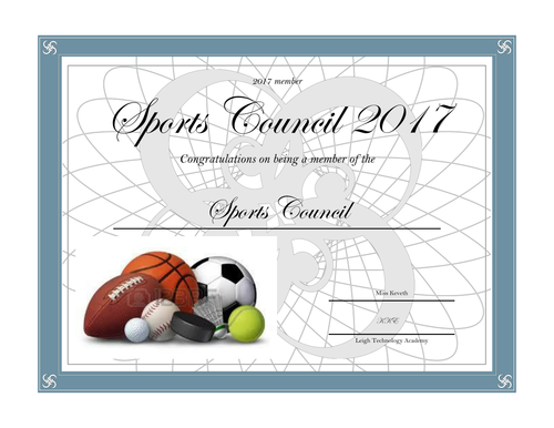 Certificate for being a sports council member Teaching Resources
