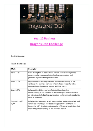 Multi lesson Dragons Den Activity Booklet