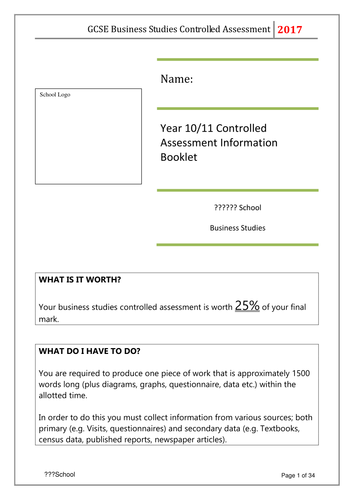 Edexcel, Business Studies, Unit 2 Controlled Assessment Student Research Diary/Workbook