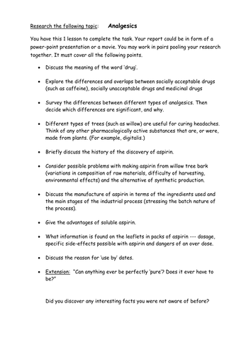 Research /Self study task on Analgesics [GCSE]