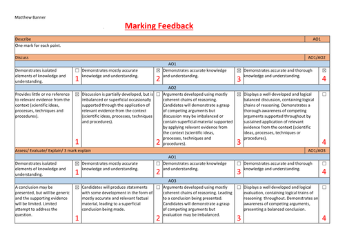 Psychology AQA A LEVEL AND GCSE Marking Sheet