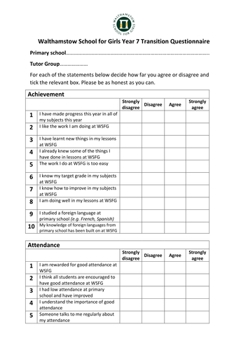 Year 7 Survey - Transition Questionnaire and Evaluation