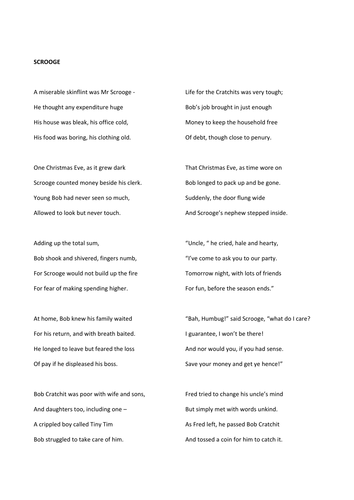 Scrooge's story in rhyming couplets