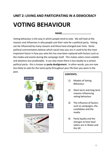 WJEC AS Government and Politics 2017 Specification Unit 2 topic Voting Behaviour